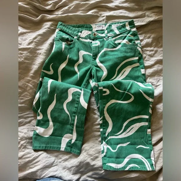 Cotton On Low Rise Green and White Swirl Straight Jeans sz4 - Picture 3 of 13